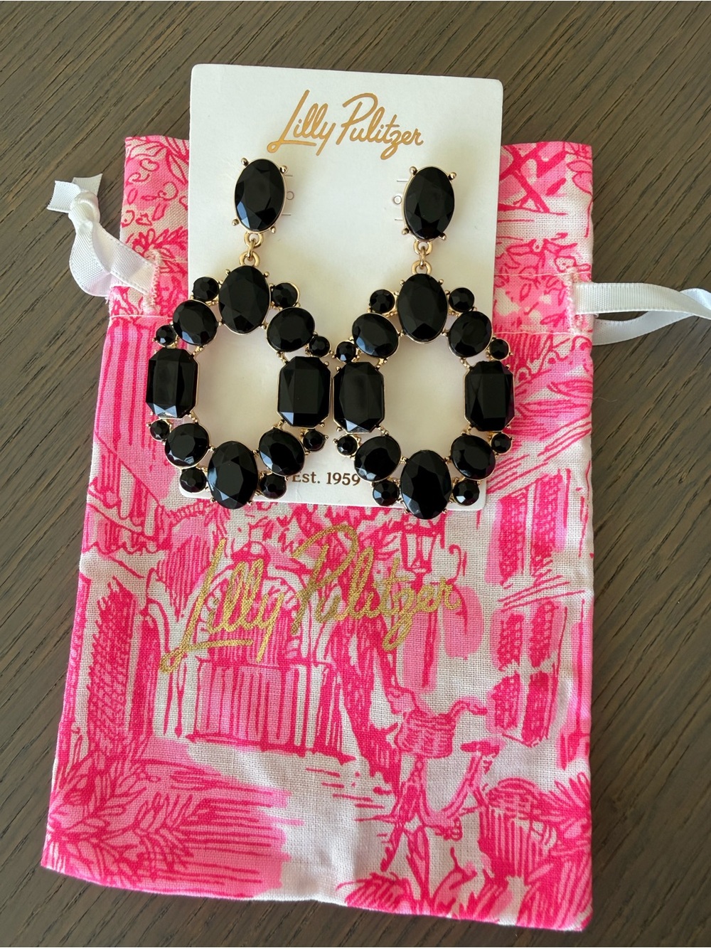 Lilly Pulitzer Secret Soree Black Gold-Tone Crystal Hoop Drop Earrings